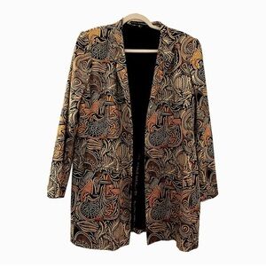 LINDA ALLARD ELLEN TRACY, long blazer, 14, retro 70s 80s era, abstract print.